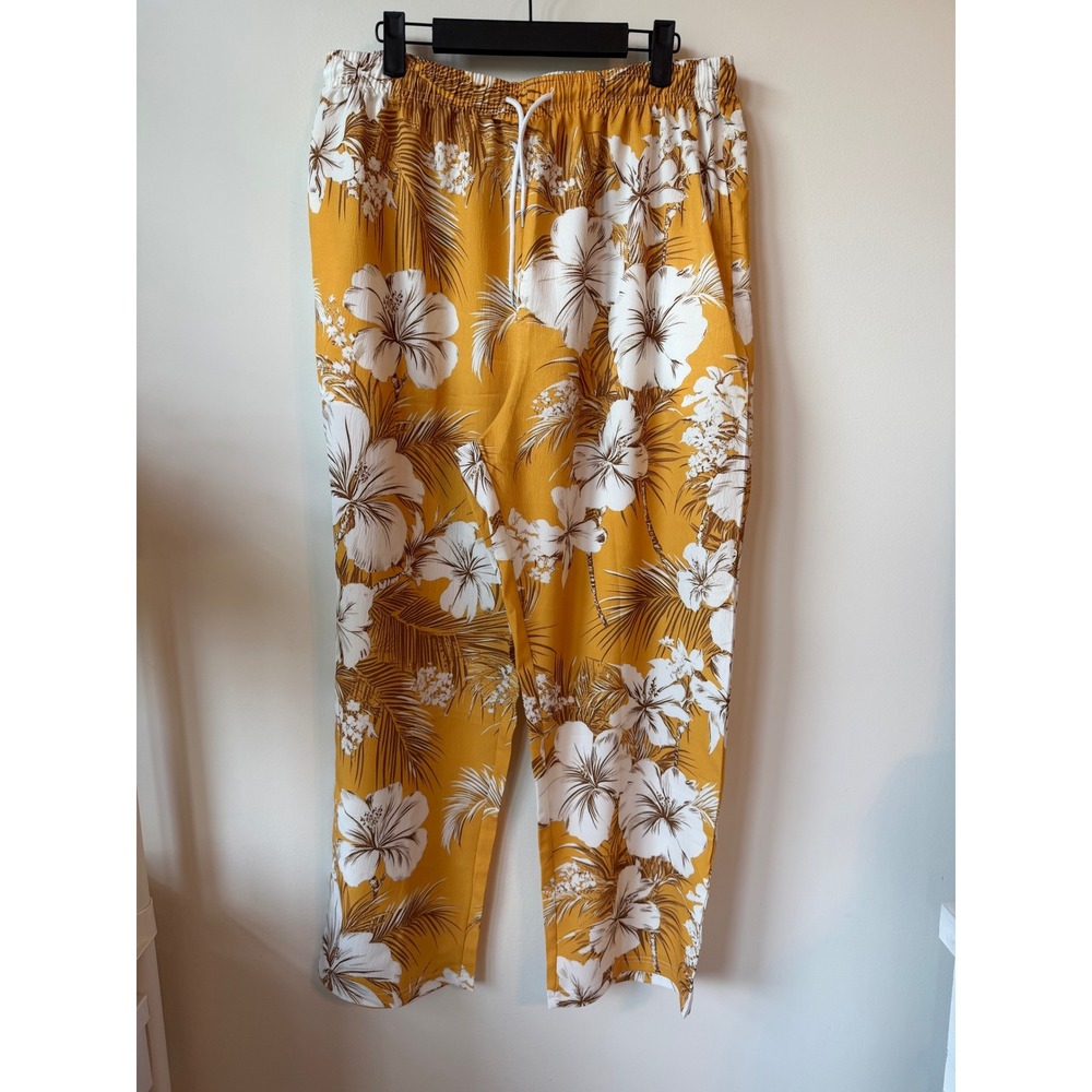 Yellow Hibiscus Floral Tropical Print Lounge Pants Drawstring Waist 3XL